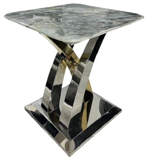 Side Table Marble Grey Top Gold & Chrome Modern Cross Leg
