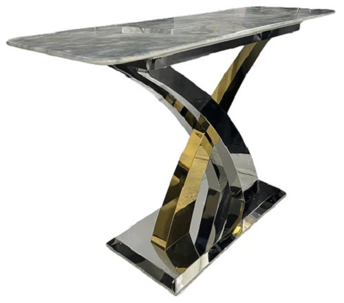 Console Table Marble Grey Top Gold & Chrome Modern Cross Leg
