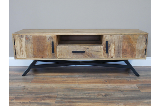 Industrial large Iron and wood TV stand with Iron leg, 145cm wide
