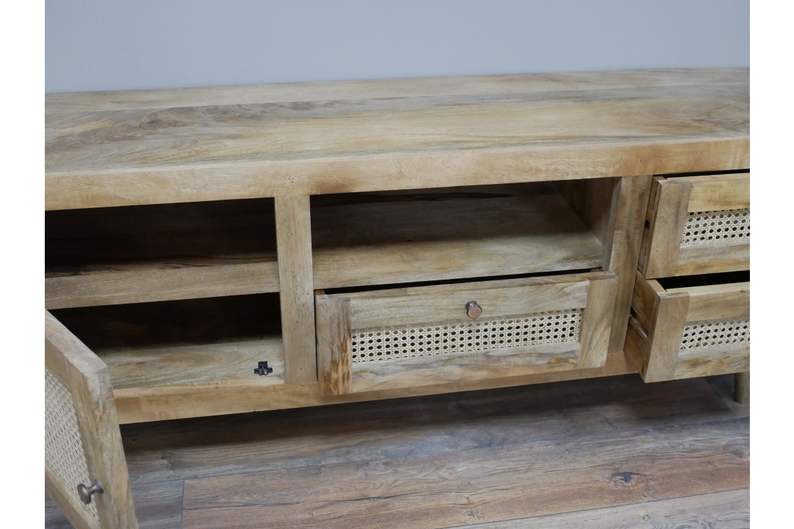 INDUSTRIAL STYLE RUSTIC WOODEN TV CABINET WITH RATTAN 160 CM WIDE