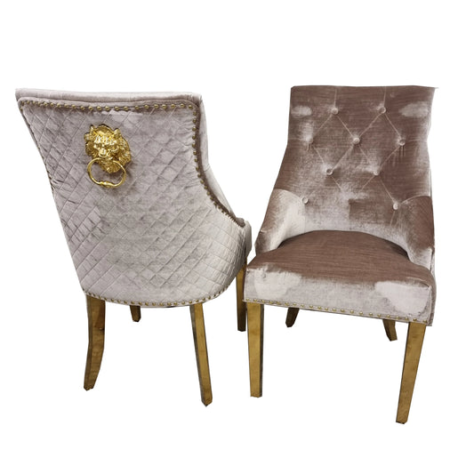 Shiny Beige Velvet Dining Chairs x2 with Gold Lion Head Door Knocker and Legs