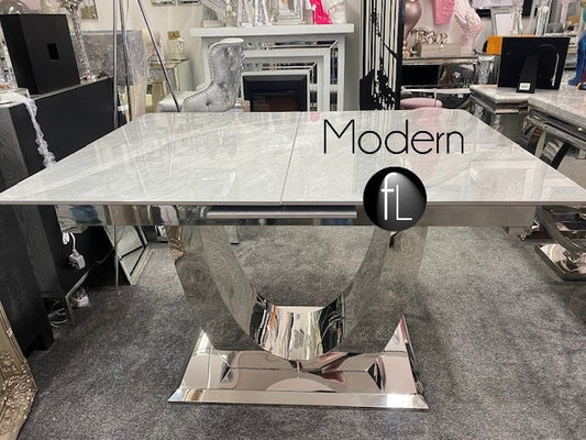 Grey Ceramic Extending Dining Table 1.6m to 2.0m Chrome base Marble Pattern