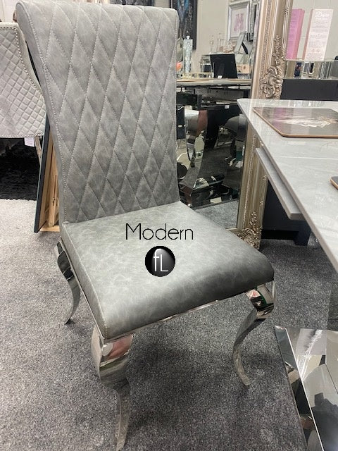 x8 Dark grey stone Louis dining chair with chrome curved leg & cross stitch