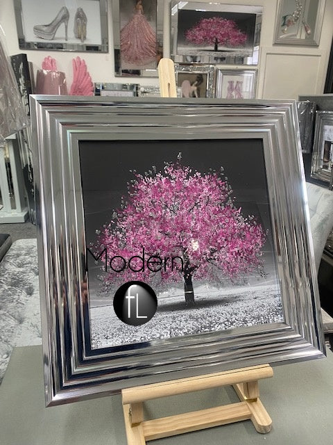 Small pink blossom tree picture in chrome wood frame, pink glitter art picture
