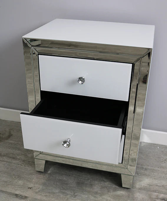 White Mirror Glass Three Drawer Bedside Unit