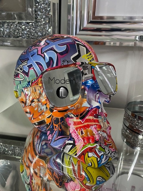 Skull ornament, Graffiti painted skull with mirrored shades decorative ornament