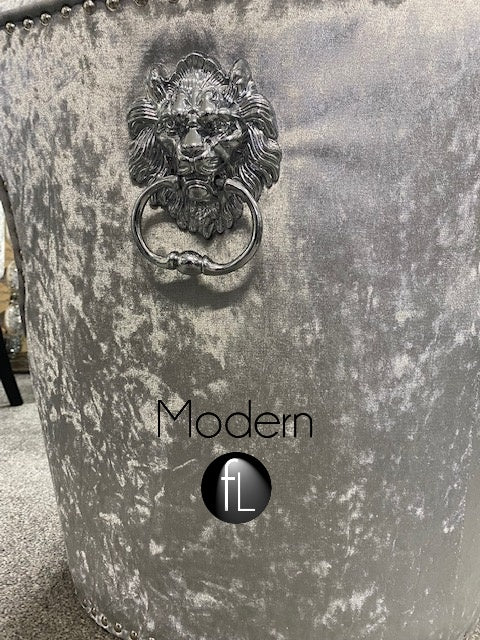 x1 Silver Crushed velvet dining chair with chrome leg & lion knocker Back