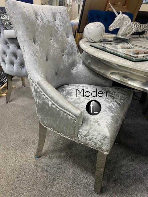 x1 Silver Crushed velvet dining chair with chrome leg lion