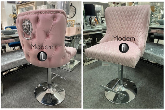 Pink velvet swivel bar stool with chrome Lion knocker and cross stitch