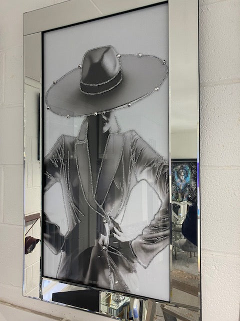 EX DISPLAY Figurative lady wearing hat and coat in mirrored frame