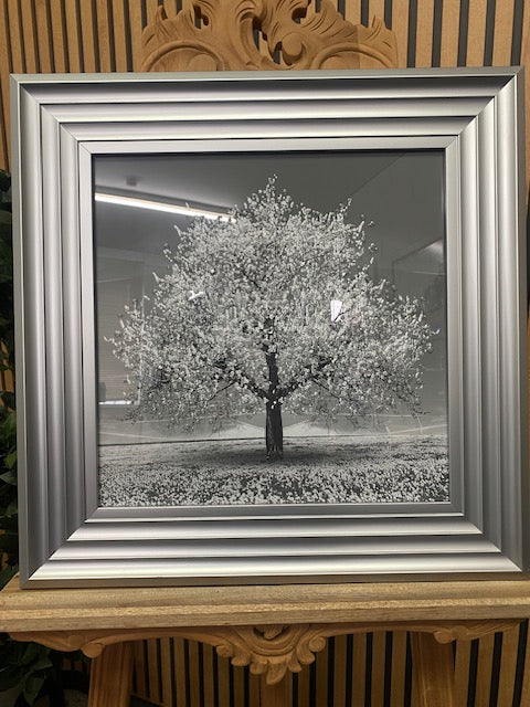Small silver blossom tree picture in Silver frame, silver glitter art picture