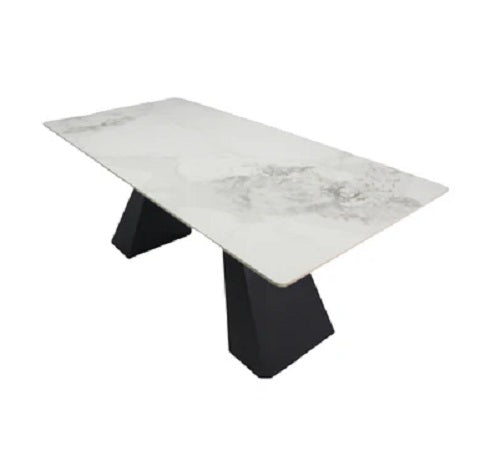 Extending Dining Table Ceramic Soft White Natural Grey Vein & Black Metal Leg