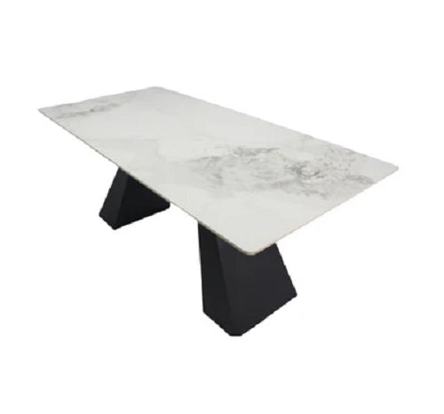 Dining Table Ceramic 1.8 M Soft White & Natural Grey Vein Modern Black Metal Leg