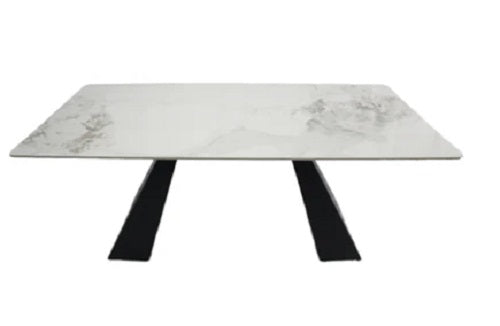 Extending Dining Table Ceramic Soft White Natural Grey Vein & Black Metal Leg
