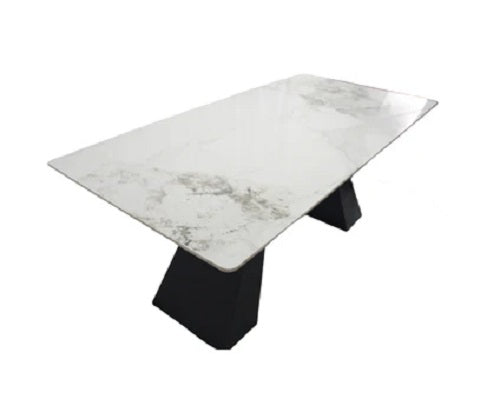 Extending Dining Table Ceramic Soft White Natural Grey Vein & Black Metal Leg