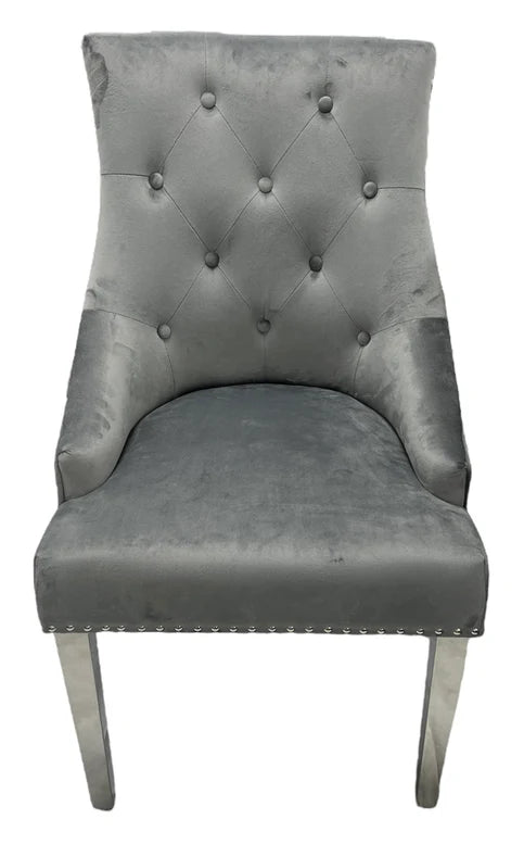 Grey Velvet Dining Chair with Chrome Ring Door Knocker