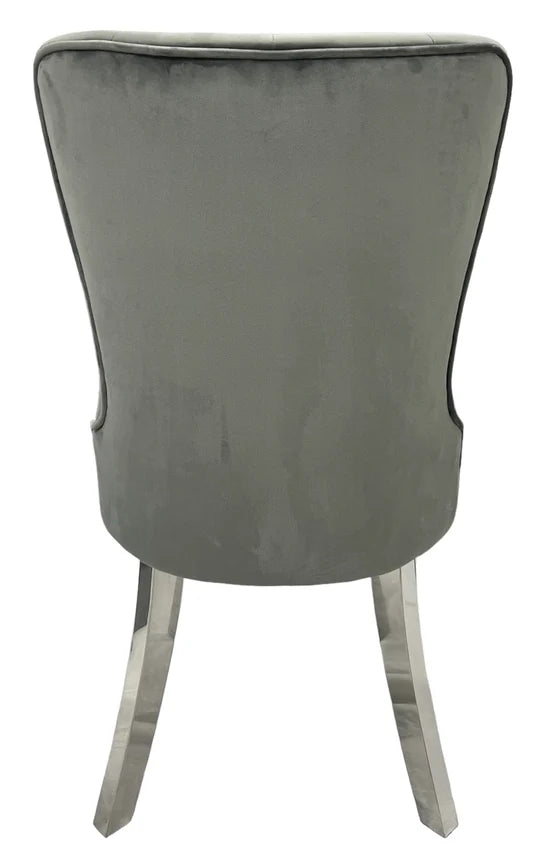Grey Velvet Dining Chair with STud Button & Chrome Leg