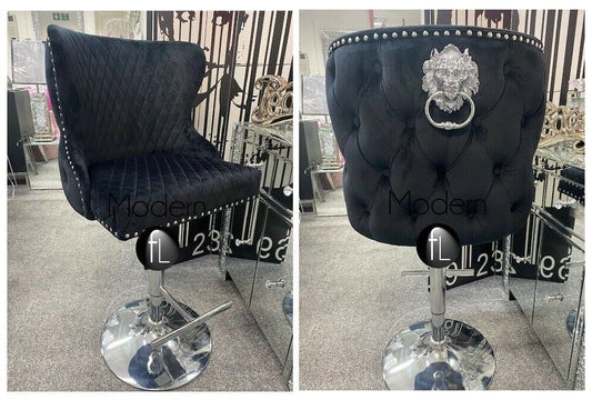 Black Velvet Swivel Bar stool with chrome Lion knocker and cross stitch