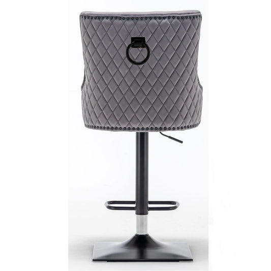 Grey velvet swivel bar stool with door knocker & cross stitch, black metal base