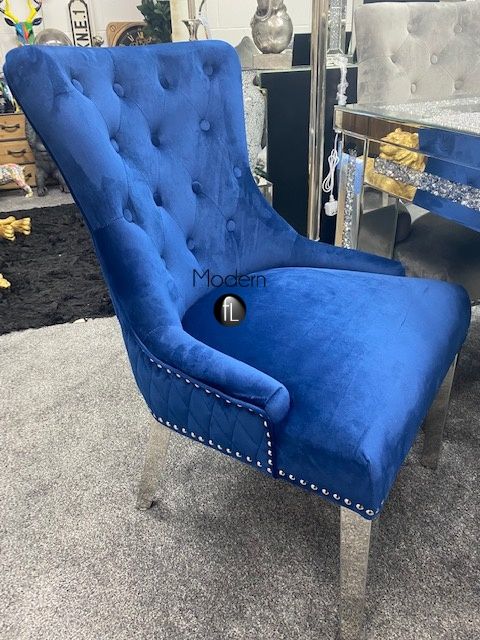 2x Blue French Velvet Dining Chairs, Lion Head Door Knocker chrome leg