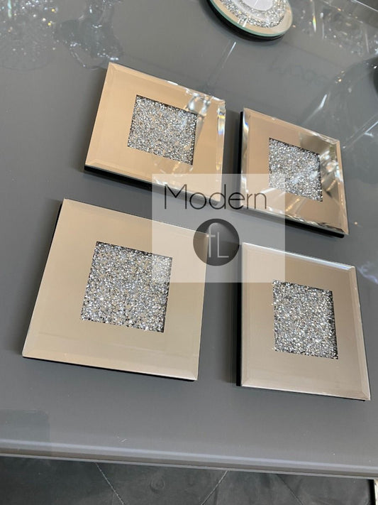 Set of 4 crushed diamond coasters, squared mirror crystal drinks mat