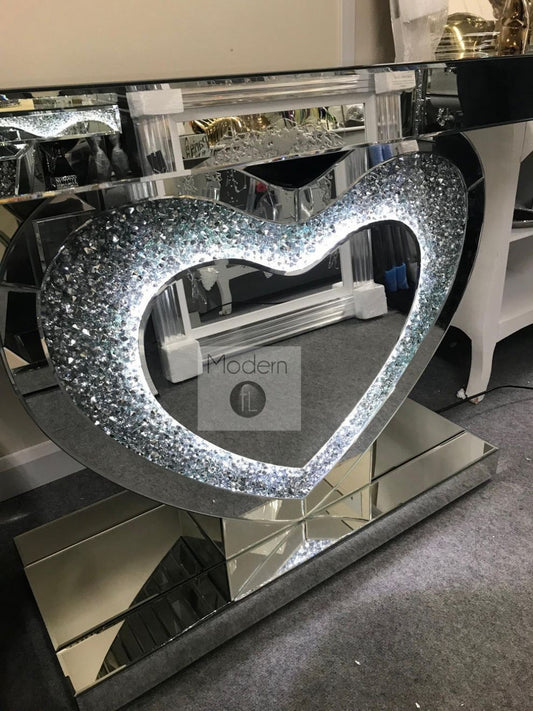 Mirrored crushed crystal LED love heart console table