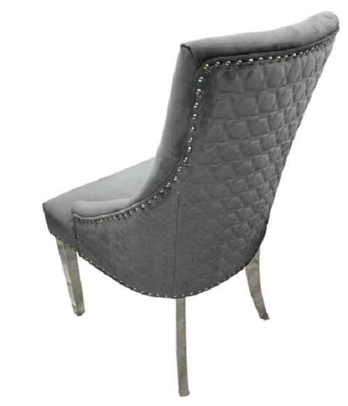 2 Grey velvet dining chairs with geometric cross stitch and chrome legs