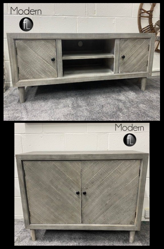 Weathered soft grey wood TV stand and matching Sideboard