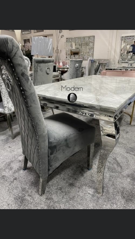 Marble dining table 1.8 lewis with x6 grey velvet dining chairs