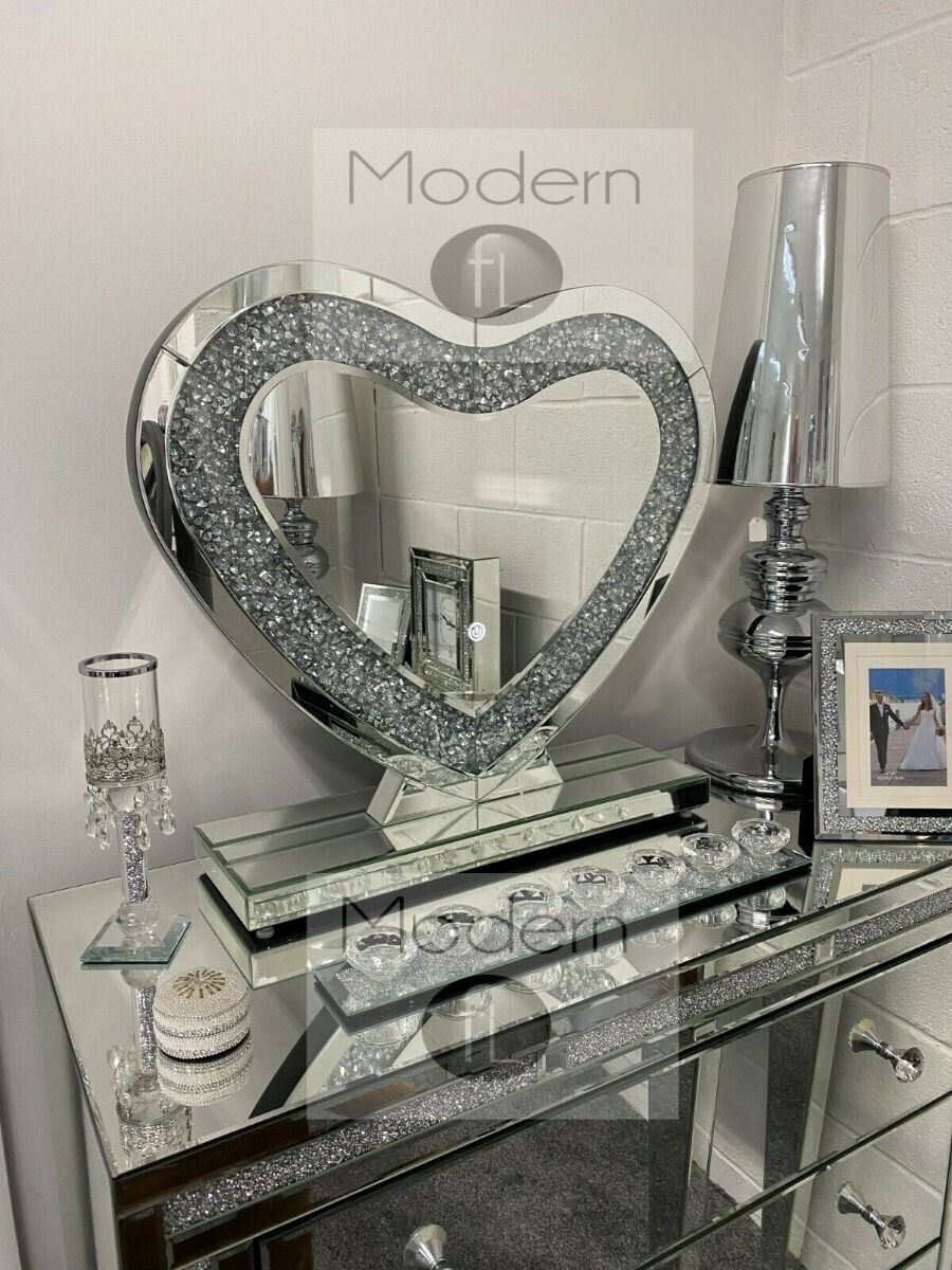 Stunning Crushed Crystal Love Heart LED Vanity Mirror, Love heart Make up Mirror