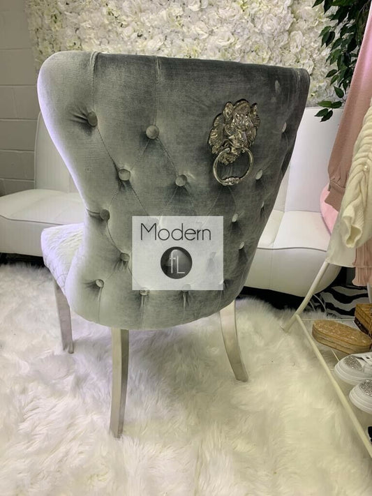 2x Silver Grey Velvet luxury dining chair with stud button back and lion knocker