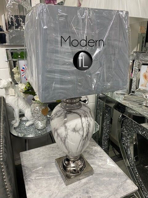 Grey and white Marble effect table lamp with chrome base, marble side lamp