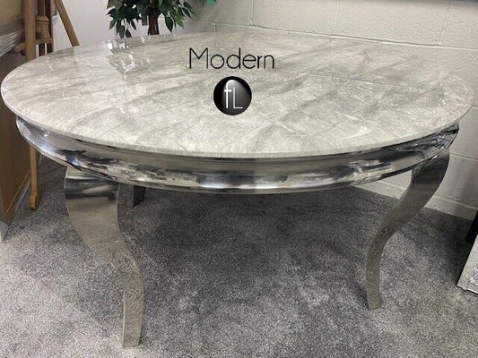 Louis round grey marble dining table and x4 grey velvet x leg dining chairs