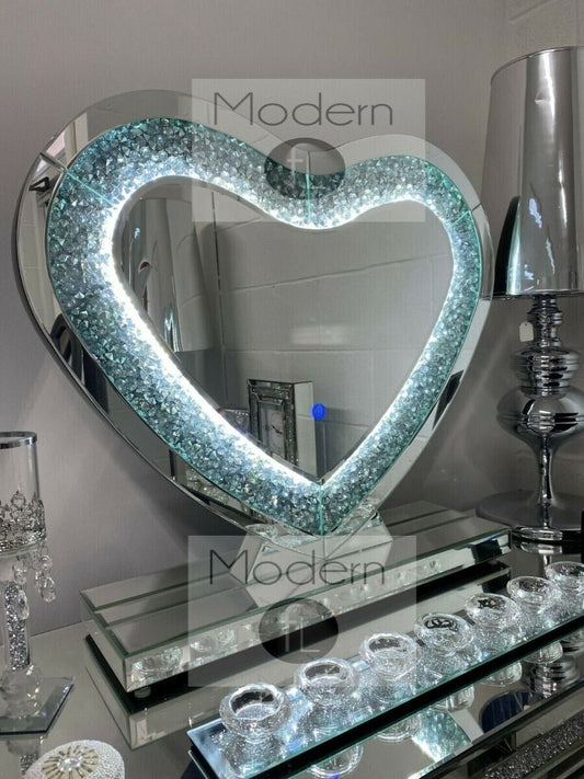 Stunning Crushed Crystal Love Heart LED Vanity Mirror, Love heart Make up Mirror