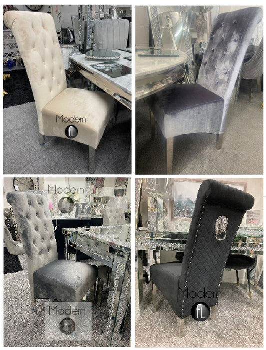 Luxury scroll back velvet dining chair, cross stitch lion knocker