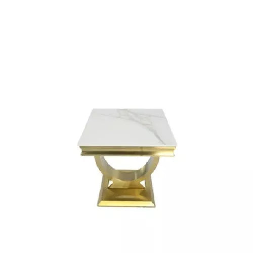 White Ceramic Arianna side table with gold vein, Gold metal frame & legs
