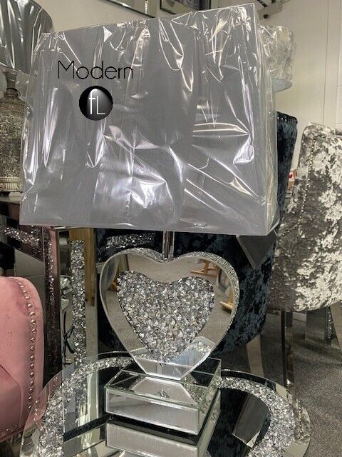 Heart shaped mirrored crushed diamond sparkle table lamp, glitz table lamp