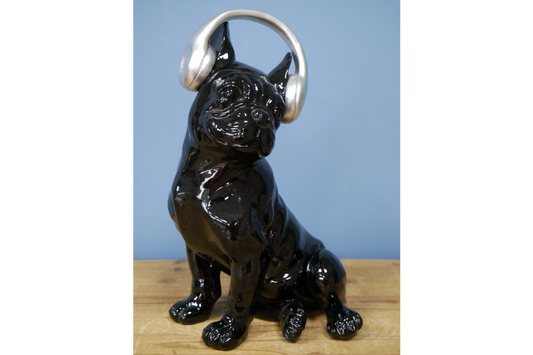 Art Deco black bull dog with Headphones ornament, 30 cm high dog ornament