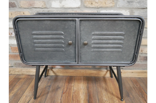 Weathered metal industrial style cabinet with chequer plate top and sides