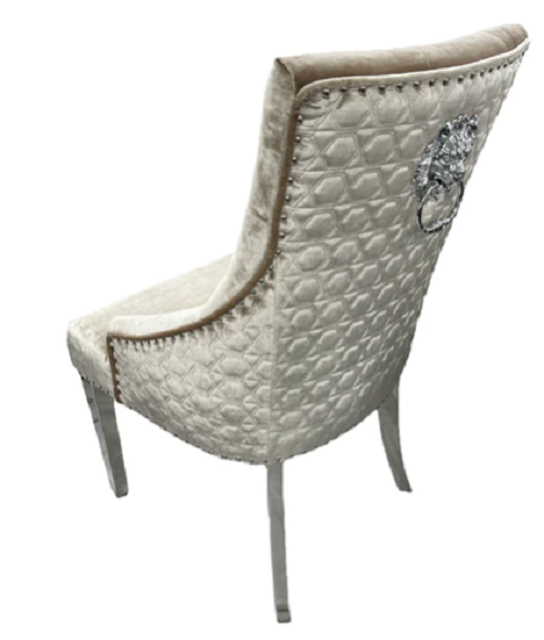 2 Shiny Mink velvet dining chairs with chrome legs & lion knocker