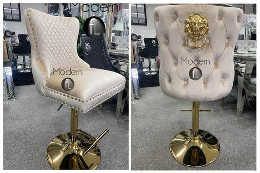Cream & Gold swivel bar stool with Gold Lion knocker and button back