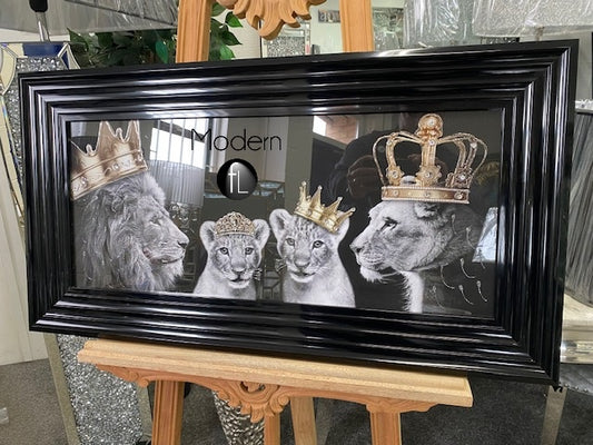 Lion pride of the family wall picture in black stepped frame, 70x30cm