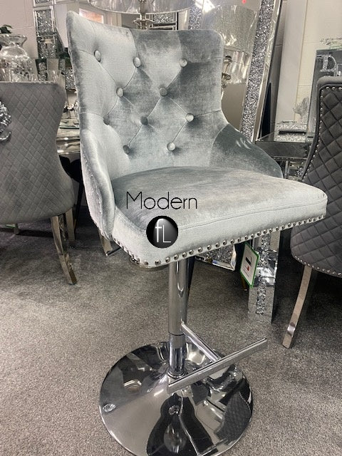 Silver Grey velvet swivel bar stool with chrome lion knocker