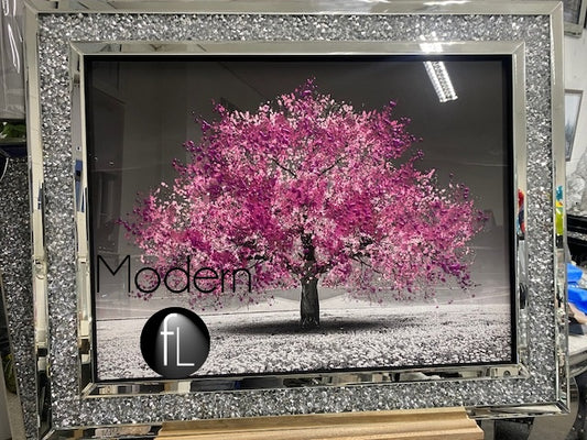 Pink blossom tree 3D glitter art picture in crushed crystal frame