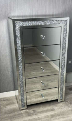 Crushed diamond mirrored 5 drawer tall boy with mirrored glass