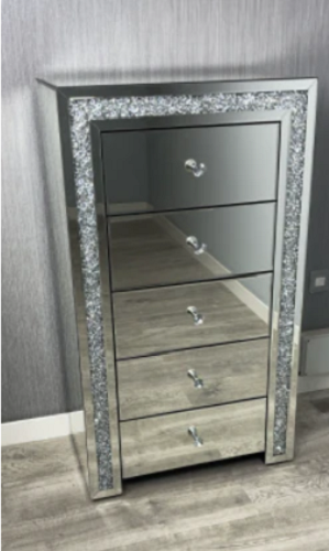 Crushed diamond mirrored 5 drawer tall boy with , mirrored glass tall boy