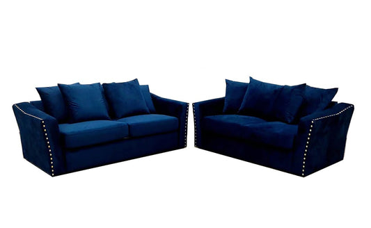 Imperial Blue 3 + 2 Seater Sofa with gold stud trim