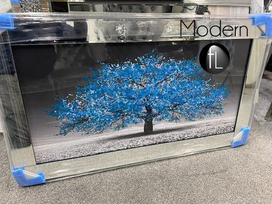 Blue blossom tree 3D glitter art picture in mirrored frame
