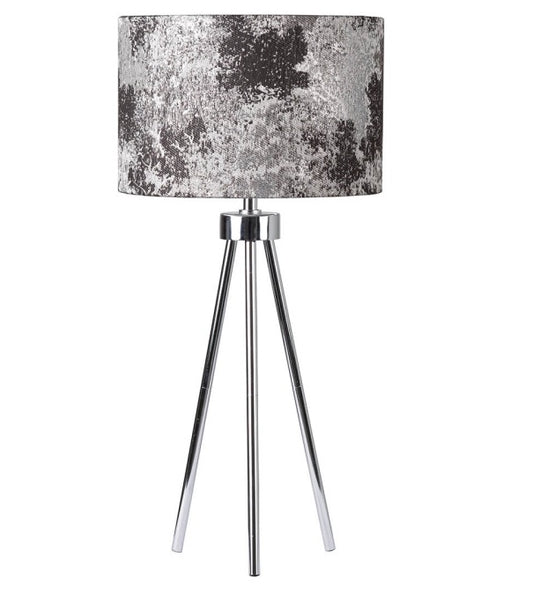Modern chrome tripod table lamp with silver grey marble effect shade