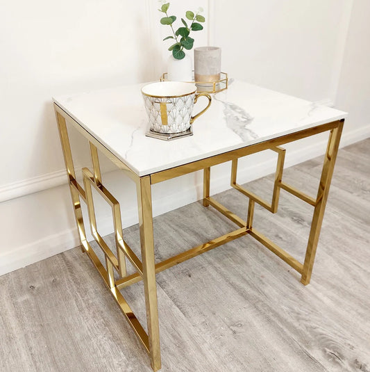 Gold Geometric Side table White Sintered Stone top